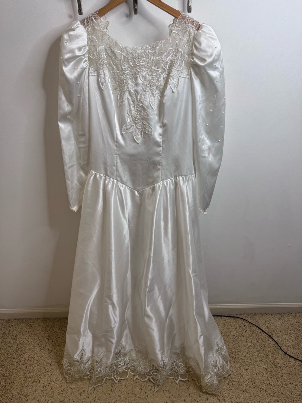 Vintage 1980s White Satin Wedding Gown with Lace Appliqué